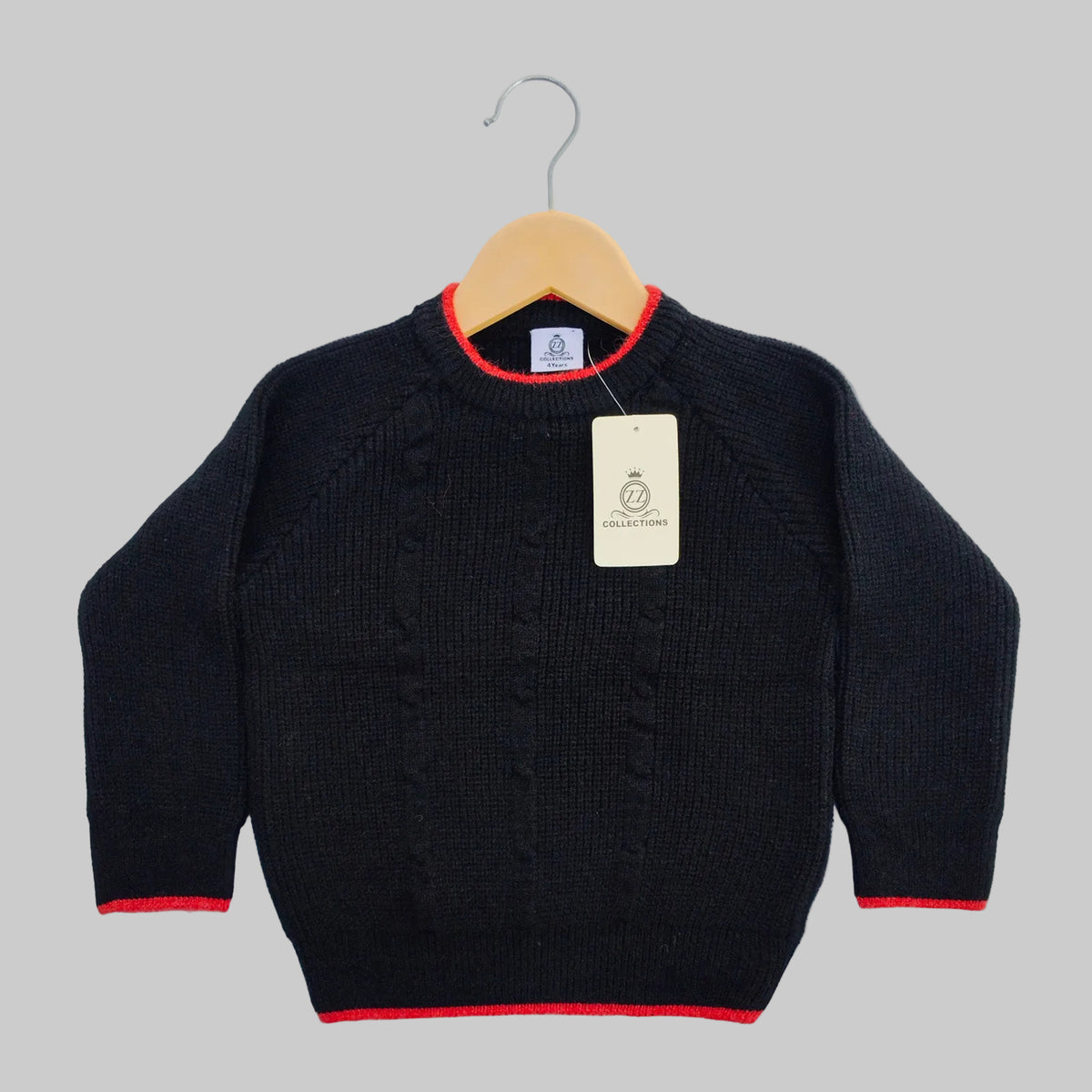 Kids Black Knitted Winter Sweater with Red Trim
