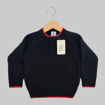 Kids Black Knitted Winter Sweater with Red Trim